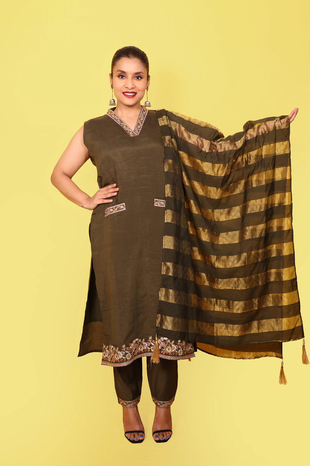Meera – 3 Piece Salwar Suit (Olive Green) (Extra half-sleeves provided inside for stitching)