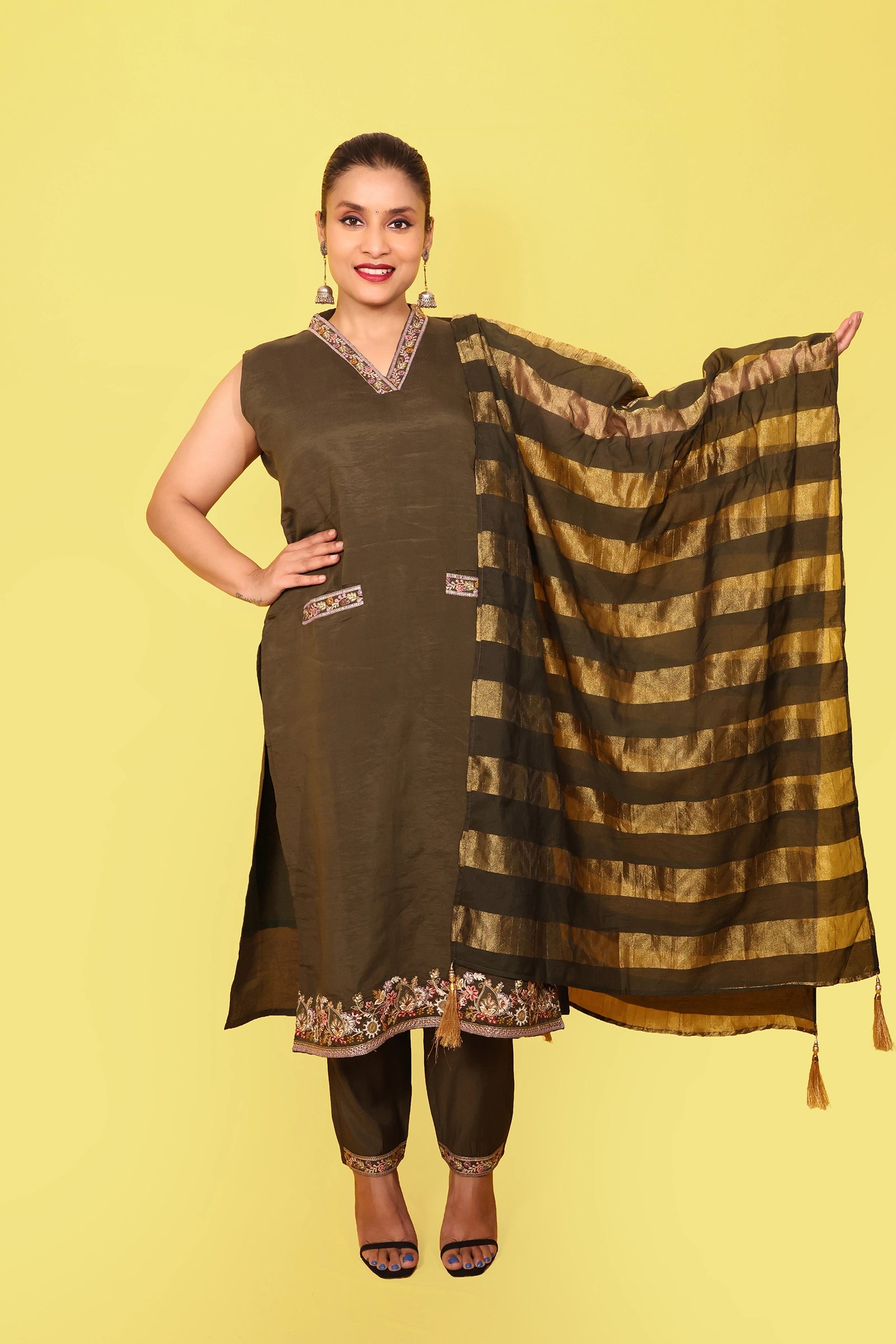 Meera – 3 Piece Salwar Suit (Olive Green) (Extra half-sleeves provided inside for stitching)