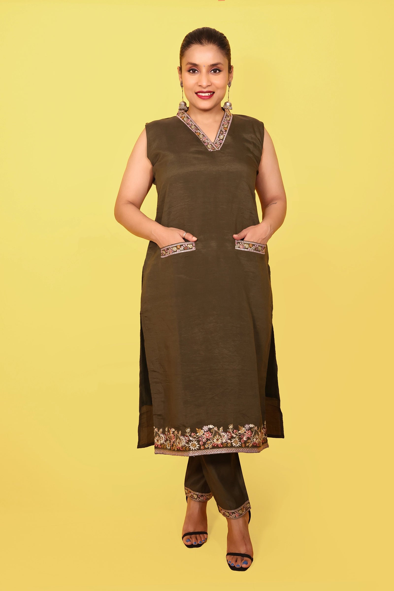 Meera – 3 Piece Salwar Suit (Olive Green) (Extra half-sleeves provided inside for stitching)