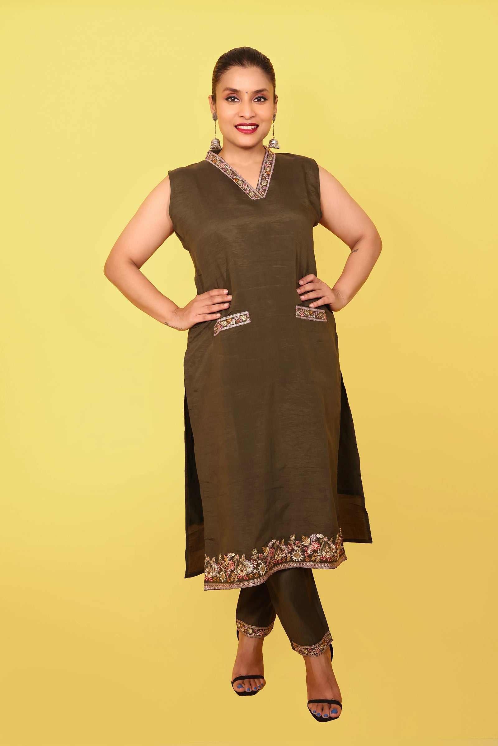 Meera – 3 Piece Salwar Suit (Olive Green) (Extra half-sleeves provided inside for stitching)
