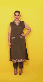 Meera – 3 Piece Salwar Suit (Olive Green) (Extra half-sleeves provided inside for stitching)